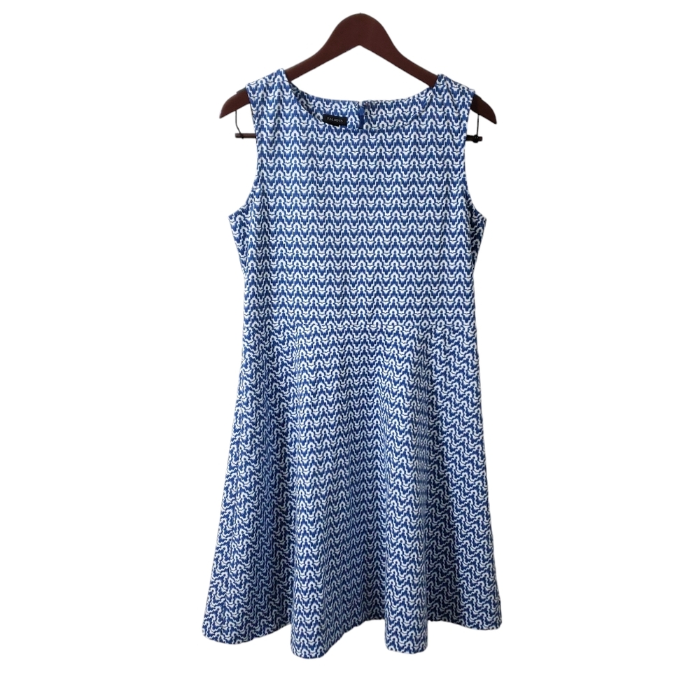 Talbots Sleeveless Fit n Flare Dress Blue Geometric Print Large Career Chic‎